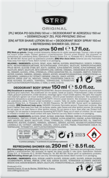 Tył opakowania zestawu STR8 Original: woda po goleniu, dezodorant, żel pod prysznic. Widoczne składy, objętości i symbol ostrzegawczy.