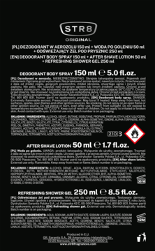 Tył czarnego opakowania zestawu STR8 Original: dezodorant, woda po goleniu, żel. Widoczne opisy i ostrzeżenia.