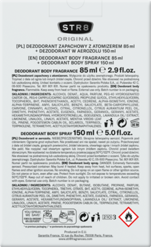 Tył białego opakowania STR8 Original, zestaw dezodorantów męskich 85ml i 150ml, z napisami PL/EN i symbolami.