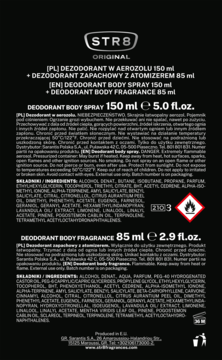 Tył czarnego opakowania zestawu STR8 Original: dezodorant spray 150ml i zapachowy 85ml z polskim/angielskim opisem.