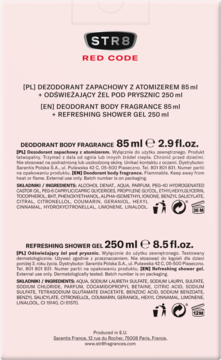Tył opakowania zestawu STR8 Red Code z dezodorantem 85ml i żelem 250ml, widoczne napisy i składy.