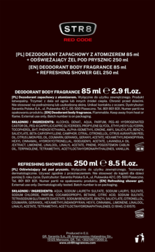 Tył opakowania zestawu kosmetyków męskich STR8 Red Code, widoczne składy dezodorantu i żelu, 85ml i 250ml.