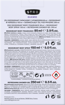 Tył opakowania zestawu STR8 Game: dezodorant, body spray, żel. Widoczne składniki i symbol łatwopalności.