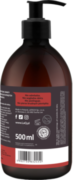 Tył brązowej butelki żelu LaQ dla mężczyzn 500ml z czarną pompką. Widoczny kod kreskowy i zabawna etykieta.