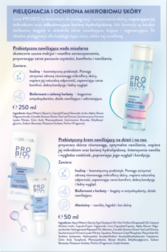 Soraya Probio: błękitna woda micelarna 250ml i biały krem 50ml na reklamowej stronie produktowej.