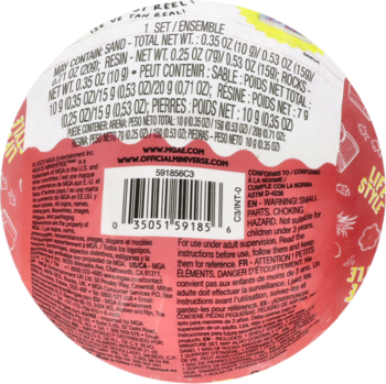 Czerwona kula Real Littles, widok z boku, etykieta z masą netto (0.35 oz), składem i ostrzeżeniem.