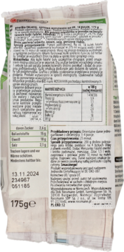 Tył opakowania falafeli Rossmann 175g, biało-zielona saszetka z etykietą, widoczna data 13.11.2024 i skład.