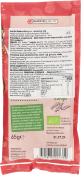 Tył opakowania Bio Makaronu Bolognese Rossmann 65g, z polskimi informacjami o składzie i wartościach odżywczych.