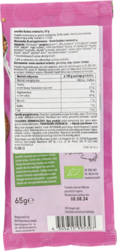 Tył różowego opakowania Dania Kudbu z soczewicą, organicznego, źródła białka, gotowego w 5 minut.