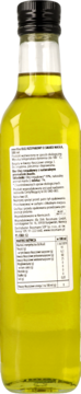 EnerBio olej rzepakowy o smaku masła, tył butelki. Żółta ciecz, widoczna biała etykieta ze składnikami. Ekologiczny, bogaty w omega 3.