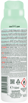 Tył jasnozielonego antyperspirantu Garnier Mineral Invisible 150ml, 0% alkoholu, z mechanizmem ON/OFF i symbolami.