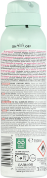 Tył białego sprayu Garnier 48h antyperspirant 150ml, z zieloną nakładką, tekstem i symbolami recyklingu. Widoczne "ON OFF".