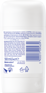 Tył białego antyperspirantu w sztyfcie NIVEA Derma Dry Control 50 ml z widoczną listą składników i kodem kreskowym.