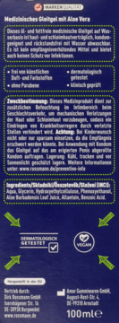 Tył ciemnoniebieskiego opakowania Preventivo żelu nawilżającego Aloe Vera z opisem i logo Vegan.