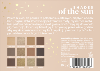 Tył beżowej palety cieni "Shades of the Sun" z polskim opisem produktu, 12-kolorowym wzornikiem i kodem kreskowym.