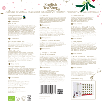 Tył kalendarza English Tea Shop Organic z herbatami ekologicznymi, widoczne 25 smaków i kod kreskowy.