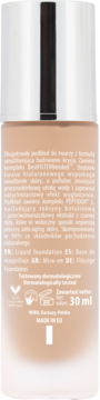 Beżowy podkład do twarzy, widok z tyłu butelki z czarną nakrętką. Widoczne polskie napisy, objętość 30 ml.