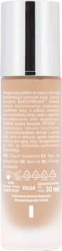 Tył beżowej butelki długotrwałego podkładu do twarzy BestFILTERNeeded z opisem, składnikami i ikonami recyklingu.