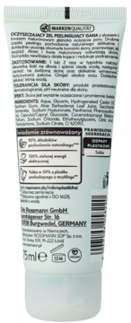 Tył jasnoniebieskiej tubki żelu peelingującego Isana 75ml, z napisami po polsku, składem i symbolami ekologicznymi.