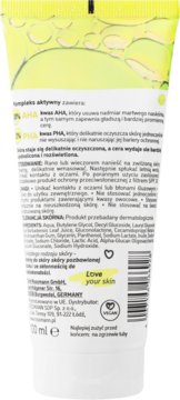 Tył tubki ISANA żel do mycia twarzy z kwasami AHA i PHA. Żółto-biała, z polskim tekstem o składzie i logo Vegan.