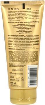 Tył złotej tubki luksusowego kremu+serum do rąk Argan&Vanilla, widoczne informacje i kod kreskowy.