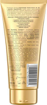 Złota tuba kremu-serum Argan & Vanilla do rąk i paznokci, tył z czytelnym składem i opisem działania.
