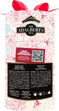 Tył opakowania Adalbert's Tea Szczęście, czarnej herbaty cejlońskiej z pomarańczą i cynamonem, świąteczny wzór.