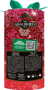 Tył świątecznej czarnej herbaty Adalbert's Tea Truskawki Goździki w czerwonym opakowaniu z kokardką, składniki.