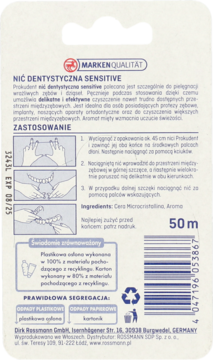 Tył opakowania nici dentystycznej Prokudent Sensitive 50m, z instrukcjami użycia i informacjami o składnikach.