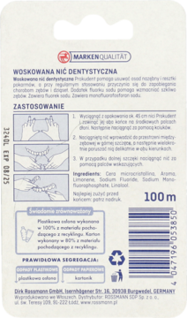 Tył opakowania nici dentystycznej Prokudent, woskowanej, z fluorem; instrukcje, skład, barcode, 100m.