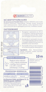 Tył opakowania nici dentystycznej Prokudent Aloes 10m, biało-niebieski, z ilustracjami użycia i info o recyklingu.