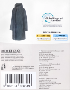 Tył opakowania ciemnoszarego płaszcza przeciwdeszczowego unisex. Widoczne logo GRS, instrukcja recyklingu i kod kreskowy.