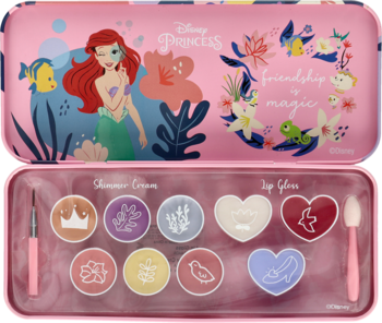 Różowa paleta makijażu Lipsmacker Disney Princess, otwarta, z grafiką Ariel, 3 błyszczyki, 6 cieni, aplikatory.