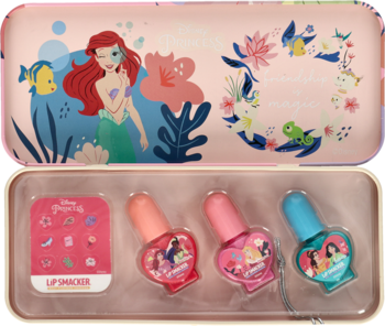Otwarty metalowy piórnik Disney Princess, w środku 3 serduszkowe lakiery i naklejki.