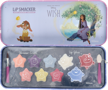 Paleta Lip Smacker Disney Wish dla dzieci, otwarta z 9 gwiazdkami cieni i błyszczyków, obok zamknięta puszka.