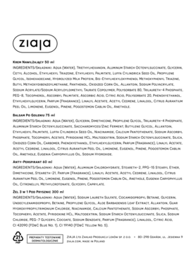 Składniki i informacje o produktach Ziaja Yego: krem, balsam po goleniu, antyperspirant, żel 3w1 na białej kartce.