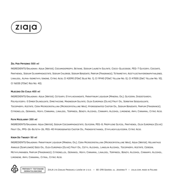 Biała strona z czarnym tekstem przedstawiająca listę składników i opisy produktów Ziaja, widoczny logotyp.