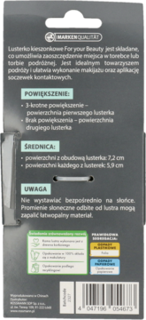 Tył opakowania lusterka For your Beauty. Ciemnoszara karta z tekstem o powiększeniu i wymiarach.