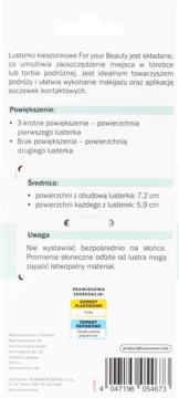 Kieszonkowe lusterko For your Beauty, tył opakowania z polskim opisem 3x powiększenia i kodem kreskowym.