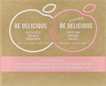 DKNY Be Delicious i Extra Delicious – opis nut zapachowych na brązowej ulotce z symbolami jabłek.