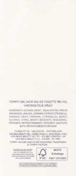 Białe opakowanie Tommy Girl Now Eau de Toilette 78% Vol, widok z tyłu z pełną listą składników i logo FSC.
