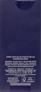 Tył opakowania wody toaletowej Tommy Now Eau de Toilette 78% VOL z listą składników i danymi producenta.