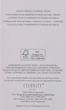 Biały tył opakowania Calvin Klein Eternity for Men z listą składników i logo FSC.