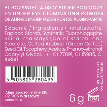 Tył różowego opakowania rozświetlającego pudru pod oczy. Widoczne składniki: skrobia z tapioki, olej z kawy.
