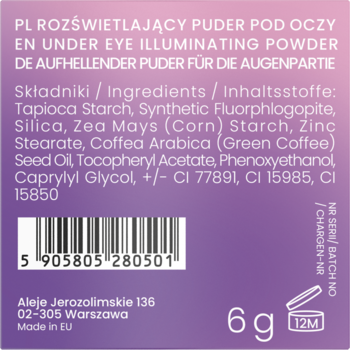 Tył fioletowego opakowania pudru rozświetlającego pod oczy z listą składników (tapioka, zielona kawa) i kodem kreskowym.