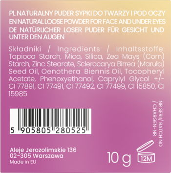 Tył różowego opakowania naturalnego sypkiego pudru do twarzy z listą składników i kodem kreskowym.