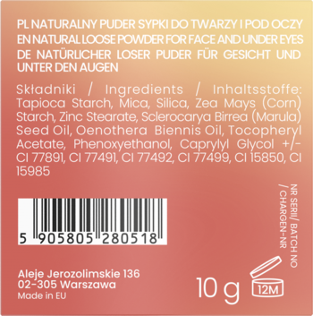 Tył opakowania pudru sypkiego 10g, gradient różu i pomarańczy, z listą składników naturalnych i kodem.