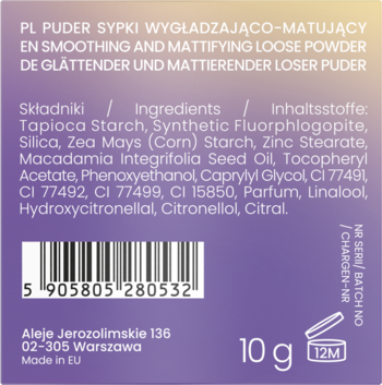 Tył fioletowego opakowania wygładzająco-matującego pudru sypkiego (10g) z tapioką i makadamią, widoczny kod i skład.