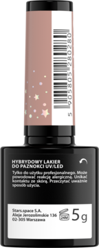 Hybrydowy lakier do paznokci Stars.space, kolor szampański nude z brokatem, czarna butelka 5g.