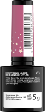 Czarny lakier hybrydowy UV/LED Stars.space, butelka 5g. Widok z tyłu z ostrzeżeniami i kodem kreskowym.